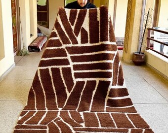 Brown MOROCCAN RUG, Geometric Beni Ourain Rug, Handmade Wool Carpet, Custom Made Area Rug, Abstract Berber Rug, Minimalist Interiors