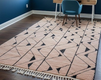 Beni ourain Handmade Rug - Brown Moroccan Abstract Wool Berber Carpet, Area Shag Rug for Modern Living Room