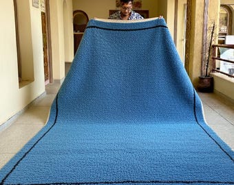 ELEGANT AREA RUG, Handwoven Moroccan Rug, Bordered Berber Carpet, Blue & Black Beni Ourain Rug, Custom Size Wool Rug, Scandinavian Decor