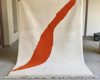 BENI OURAIN RUG, White & Orange Moroccan Rug, Custom Size Decorative Berber Rug, Abstract Handmade Area Rug, Soft Wool Moroccan Carpet