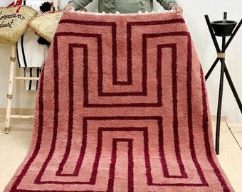 Red Berber Rug | Handmade Moroccan Wool Striped Carpet | Cozy Beni Ourain Style Area Rug