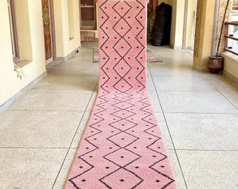 Handwoven Pink Moroccan Runner Rug, Berber Wool Hallway Carpet, Authentic Beni ourain Runner, Pink and Black Geometric Runner Rug.