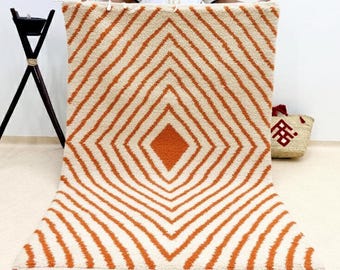 Moroccan Orange and White Rug – Custom Beni Ourain Wool Carpet – Handwoven Striped Berber Area Rug for Boho & Scandinavian Home Decor