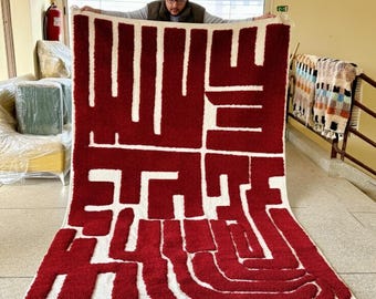 RED RUG, Beni Ourain Moroccan Rug, Organic Wool Carpet, Sustainable Area Decor, Custom Berber Design, Abstract Pattern Shag Rug.
