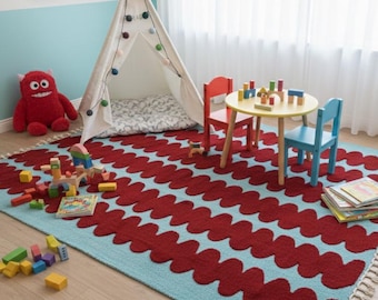 Beni ourain Striped Rug | Red and Blue Wool Area Rug |  Berber Rug for Contemporary Interiors