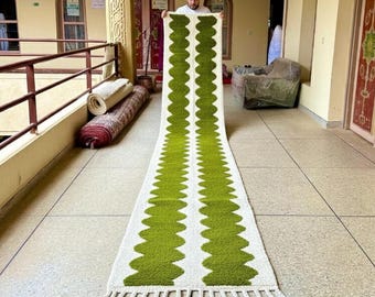 Handmade Custom Moroccan Runner - White and Green Wool Rug - Beni Ourain Hallway Runner rug - Striped Entryway Bohemian Carpet