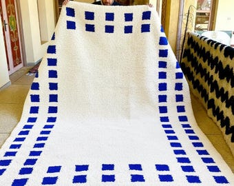 Custom Moroccan Wool Rug – Beni Ourain Blue & White Geometric Design, Handwoven Berber Carpet, Square Shag Rug,