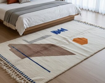 Abstract Beni Ourain Rug | Custom Handmade White & Brown Area Rug | Berber Wool Carpet