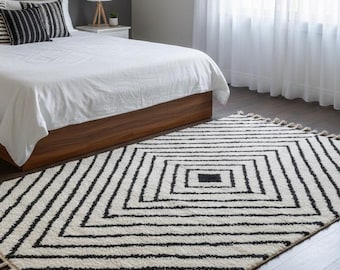 Black and White Beni ourain Rug | Custom Handmade Moroccan Shag Area Rug | Striped Geometric Carpet