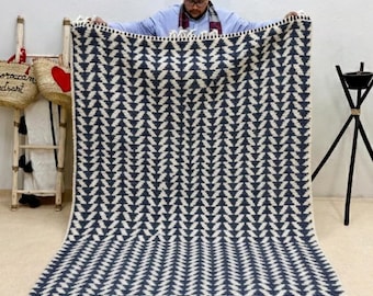 Blue Moroccan rug | Custom Abstract Beni ourain Wool Carpet | Contemporary Berber Area Rug