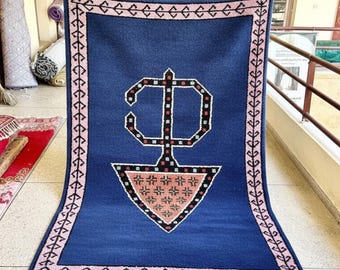 BLUE RUG, Handwoven Beni Ourain Rug, Shaggy Moroccan Design, Geometric Pattern Area Rug, Natural Wool Berber Carpet.