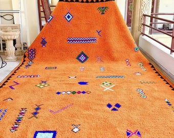 Orange Moroccan Rug, Abstract Beni Ourain Handmade Wool Carpet, Bohemian Custom Area Rug for Living Room, Custom Housewarming Gift for Her
