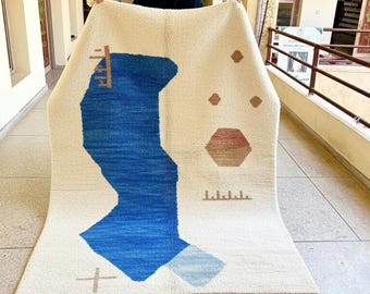 Ivory and Blue Moroccan Rug, Handmade Berber Wool Carpet, Modern Tribal Abstract Pattern, Boho Chic Living Room Decor, Luxury Area Rug