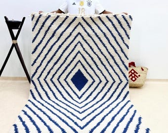 Moroccan Blue and White Rug – Custom Beni Ourain Wool Carpet – Handwoven Striped Berber Area Rug for Boho & Scandinavian Home Decor