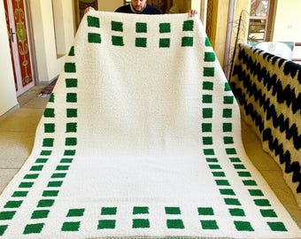 Custom Moroccan Wool Rug – Beni Ourain Green & White Geometric Design, Handwoven Berber Carpet, Square Shag Rug,