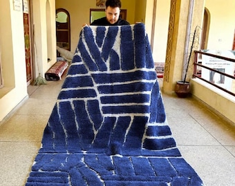 Blue MOROCCAN RUG, Geometric Beni Ourain Rug, Handmade Wool Carpet, Custom Made Area Rug, Abstract Berber Rug, Minimalist Interiors