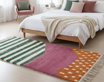 Pink Moroccan Wool Rug | Striped Beni Ourain Berber Carpet | Cozy Textured Handwoven Area Rug