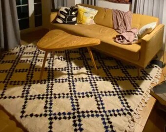 Moroccan Rug – Black and White Geometric Beni Ourain Wool Carpet – Custom Handmade Area Rug for Bohemian & Eclectic Living Room