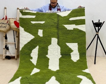 Olive Green Beni ourain Rug | Handmade Abstract Moroccan Wool Area Rug | Custom Size Berber Carpet