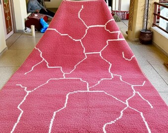Geometric Moroccan Rug – Pink and White Stripe Beni Ourain Rug – Berber Handmade Sheep Wool Rug – Area Rug for Living Room or Bedroom