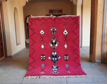 Moroccan Rug - Pink and Black Abstract Beni Ourain Wool Carpet - Custom Handmade Bohemian Area Rug for Living Room or Bedroom