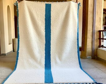 CRAFTED MOROCCAN RUG, Blue and White Beni ourain Rug, Handmade Shag Carpet, Authentic Berber Rug, High Quality Wool Rug.