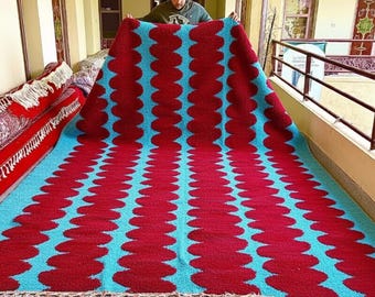 BENI OURAIN RUG, Striped Moroccan Rug, Artisan Made Wool Rug, Beautifully Crafted Area Rug, Red & Blue Berber Carpet, Modern Interiors