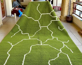 Geometric Moroccan Rug – Green and White Stripe Beni Ourain Rug – Berber Handmade Sheep Wool Rug – Area Rug for Living Room or Bedroom