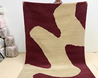 Burgundy Ivory Moroccan Rug – Handmade Wavy Abstract Beni ourain Wool Shag Carpet | Berber Area Rug