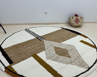 MOROCCAN ROUND RUG, Beni ourain Brown Circle Rug, Geometric handmade Carpet, Custom Wool Rug, Authentic Berber Area Rug, Luxury Beni Rugs.