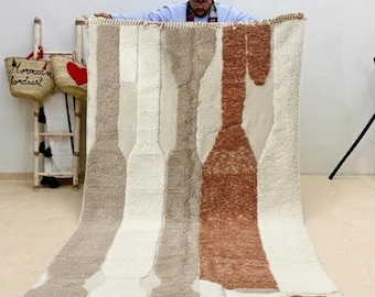 Beni ourain Wool Shag Carpet | Abstract Moroccan Rug in White & Brown | Custom Area Rug