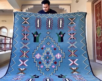 HANDMADE RUG, Abstract Moroccan Rug, Artisan Berber Carpet, Custom Size Wool Rug, Blue Beni ourain Area Rug, Crafted Interior Decor.