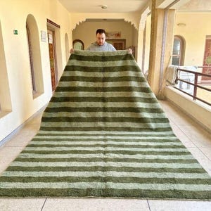 May include: A large, rectangular rug with horizontal stripes in varying shades of green. The rug is displayed in a hallway, showcasing its size and design. The rug's texture appears soft and plush, suitable for a living room or bedroom.