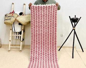 Pink Moroccan Runner - Handmade Abstract Beni Ouarain Rug - Custom Berber Wool Hallway Area Rug