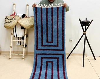 Moroccan Runner Rug | Custom Beni Ourain Carpet | Blue Shag Wool Stripe Hallway Decor