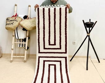 Moroccan Runner Rug | Custom Beni Ourain Carpet | White Shag Wool Stripe Hallway Decor