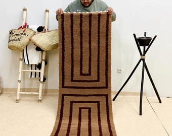 Moroccan Runner Rug | Custom Beni Ourain Carpet | Brown Shag Wool Stripe Hallway Decor