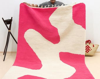 MODERN AREA RUG, Pink & White Moroccan Wool Rug, Custom Beni Ourain Rug, Berber Style with Blue Abstract Motifs, Cozy Handmade Floor Rug.