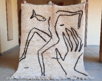 Alfombra abstracta Beni Ourain, alfombra marroquí bereber, alfombra auténtica, alfombra hecha a mano, alfombra de color blanco y negro, lana de cordero genuina, alfombra de área marroquí
