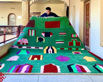 Bohemian Moroccan Rug – Green Abstract Beni Ourain Rug – Handmade Soft Wool Rug – Cozy Area Rug for Boho Living Room or Bedroom