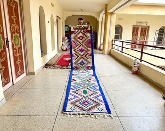 Chic Moroccan Runner Rug – Blue Multicolor Abstract Beni Ourain Rug – Custom Handmade Wool Hallway Carpet for Bohemian Home Style