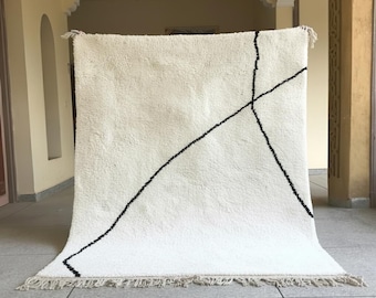 White & Black Rug, Modern Abstract Moroccan Rug, Handwoven Wool Area Rug, Minimalist Beni Ourain Rug, Custom Size Berber Carpet.