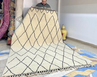 Moroccan Rug – Black and White Geometric Beni Ourain Wool Carpet – Custom Handwoven Area Rug for Bohemian Living Room or Bedroom