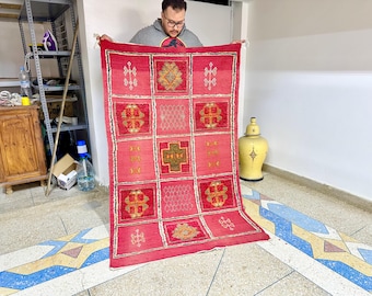 Antique Handmade Carpet - 5.3x3.3 FT Moroccan Berber Red Checkered Wool Rug | Vintage Hand-Knotted Boho Area Rug for Floor Décor