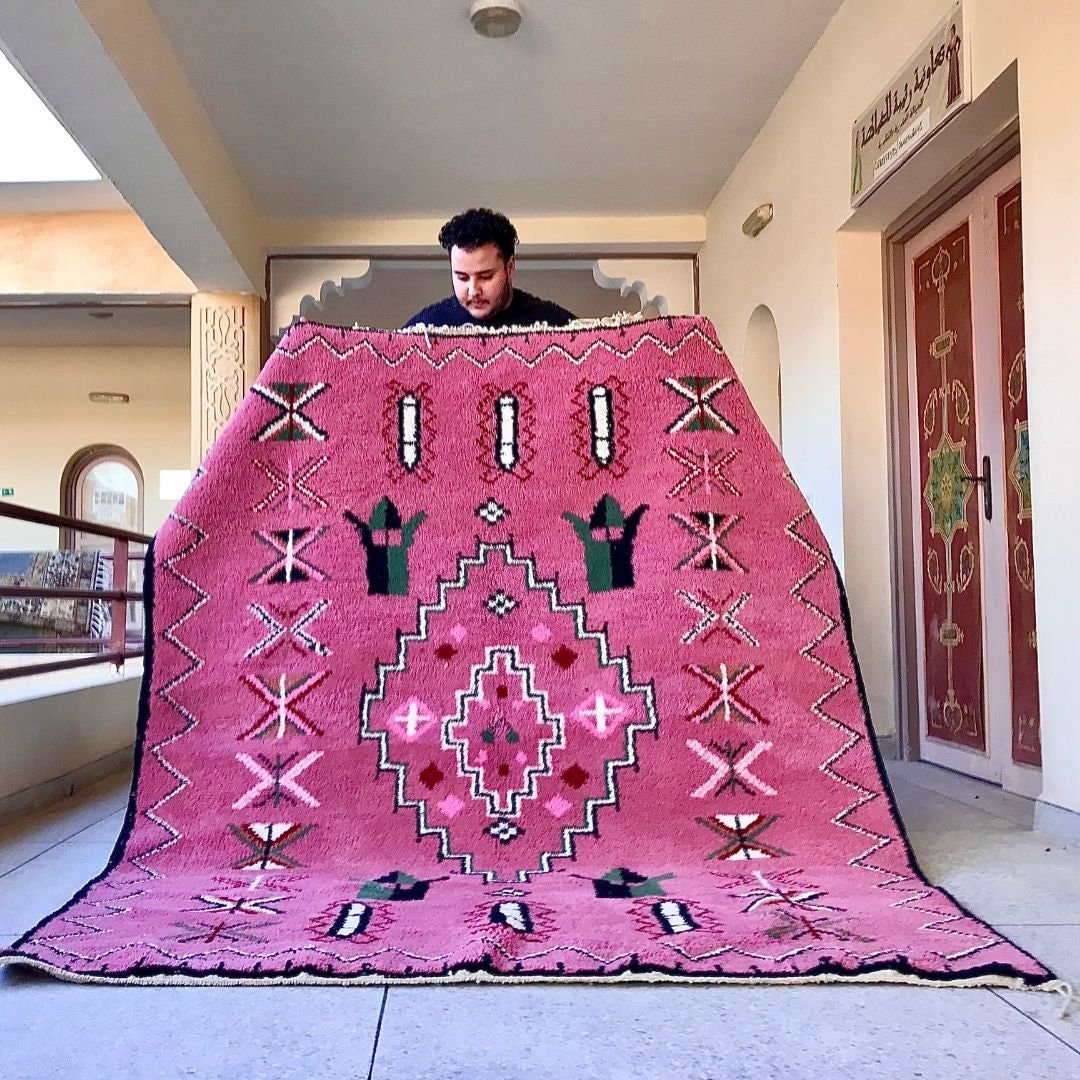 Grand Tapis Berbère Marocain Beni Ourain En Laine Rose - Fait Main - 6.7x9.8 FT - Neuf Sans étiquette