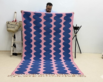 Custom Moroccan Wool Rug – Beni Ourain Blue & Pink Striped Design, Handwoven Berber Carpet, Area Wool Shag Rug,