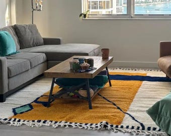 Moroccan Handmade Rug, Yellow and White Beni Ourain Wool Carpet, Shaggy Handwoven Area Rug, Bohemian Abstract Living Room Rug