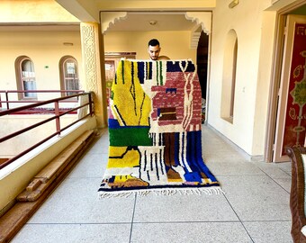 Bohemian Area Rug, Multicolor Abstract Rug for Living Room, Moroccan Custom Handmade Rug, Soft Wool Rug for Boho Home Decor