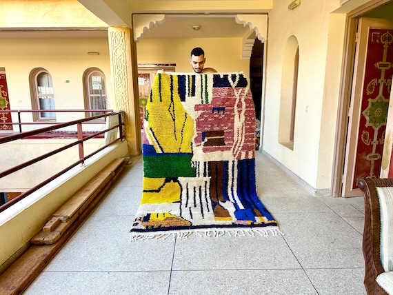 Bohemian Area Rug, Multicolor Abstract Rug for Living Room, Moroccan Custom Handmade Rug, Soft Wool Rug for Boho Home Decor