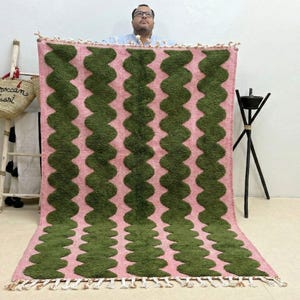 BENI OURAIN RUG, Moss Green & Pink Moroccan Berber Rug, Handmade Striped Wool Carpet, Contemporary Living Room Rug